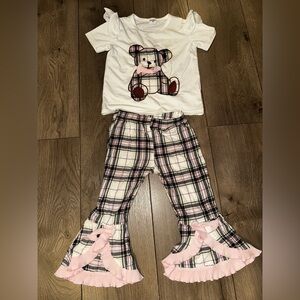 Plaid Bear Kids Outfit Set - Pink and White